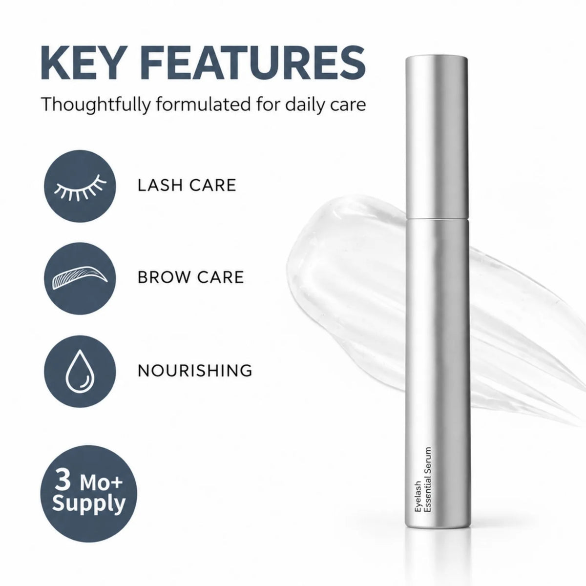 Lash and brow serum tube with icons for lash care, brow care and nourishing