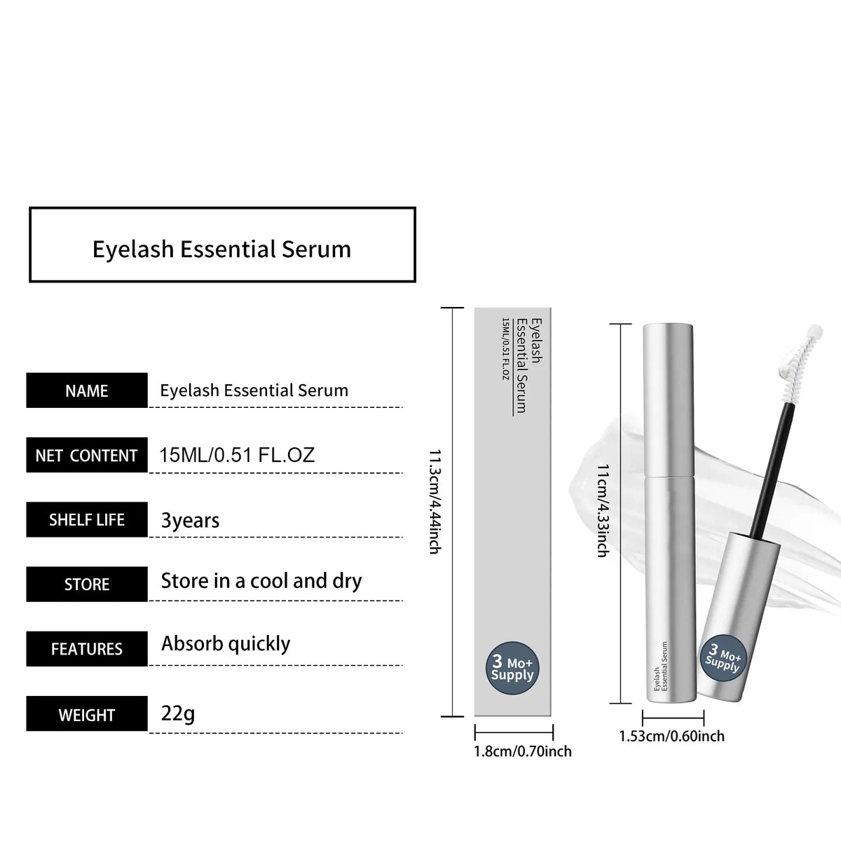 Lash serum dimensions: tube 11 cm, box 11.3 cm, 15 ml