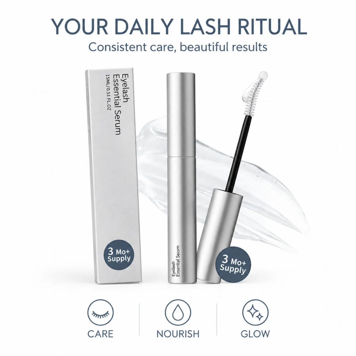 Lash serum tube and box with care, nourish and glow icons