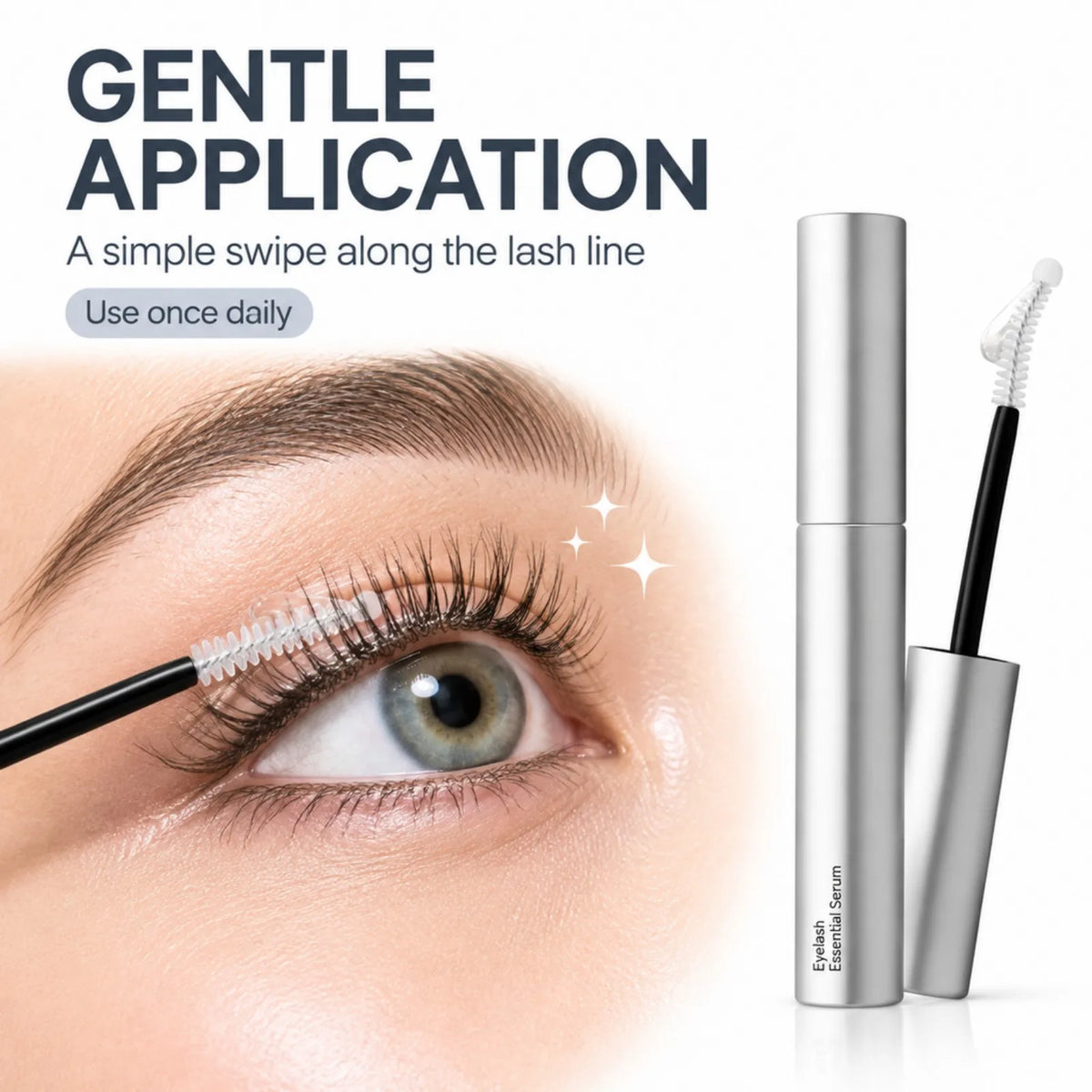 The serum brush drawn along the base of the lashes